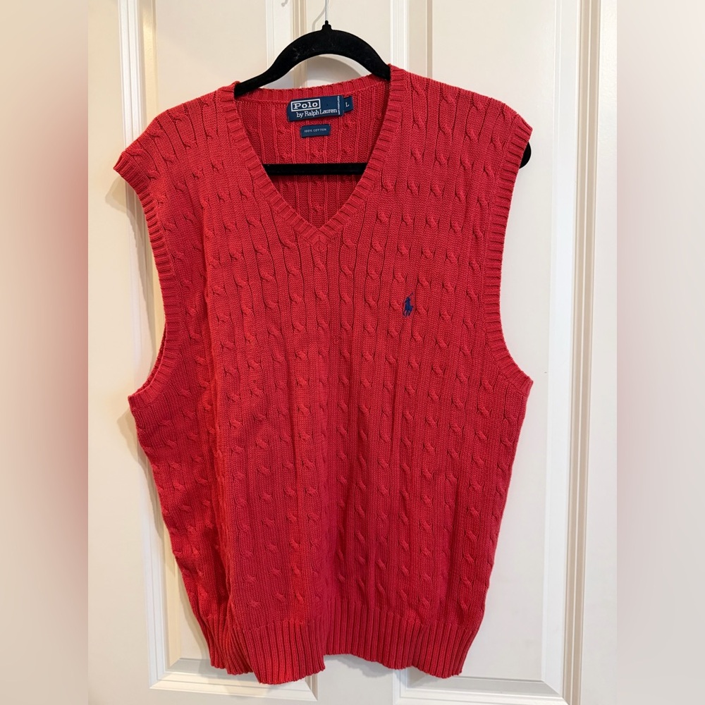 Polo Ralph Lauren men’s cable knit v neck red sweater vest. Size large, preppy